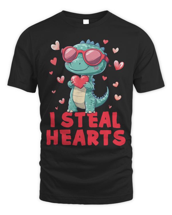 Kids Valentines Day I Steal Hearts Trex Dinosaur Toddler Boy Long Sleeve T-Shirt